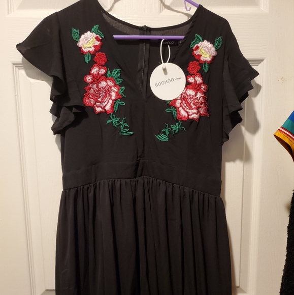 Boohoo | Dresses | Boohoo Black Embroidered Ruffle Maxi Dress Size L |  Poshmark
